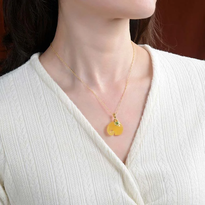 925 Sterling Silver Natural Amber Jade Elephant Blessing Necklace