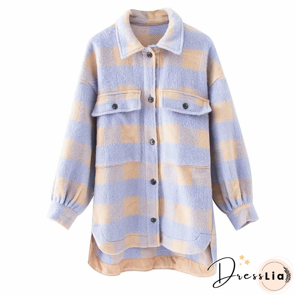 Stylish Sweet Plaid Woolen Shirt Jackets Women Fashion Pockets Turn-Down Collar Check Jacket Cute Girls Chic Coat Streetwear