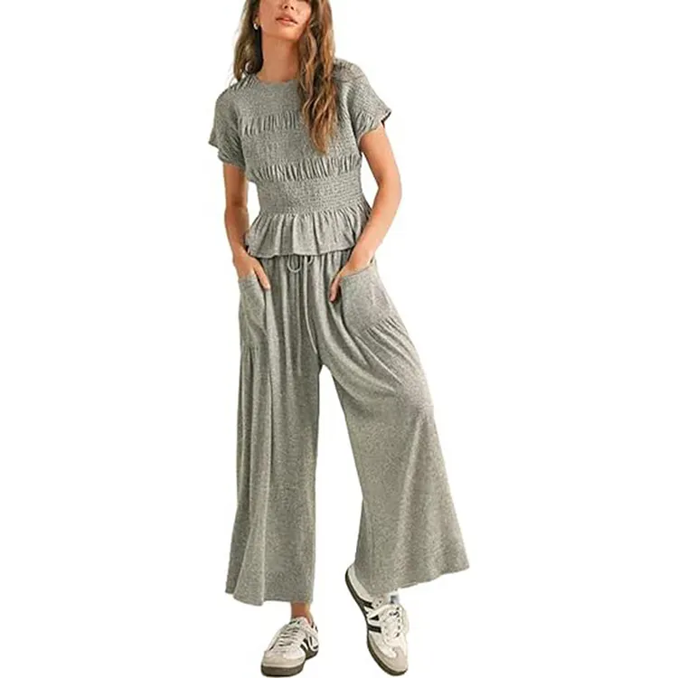 👚👖Ruched Top & Wide-Leg Pants Set