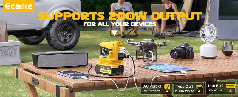 Product Introduction of 200W Power Inverter for Dewalt 20V Battery. Power Station with a 5AH Battery & a Charging Station. DC 20V to AC 110V-120V. with 2 USB-A & 1 Type-C & 1 AC Outlet 7