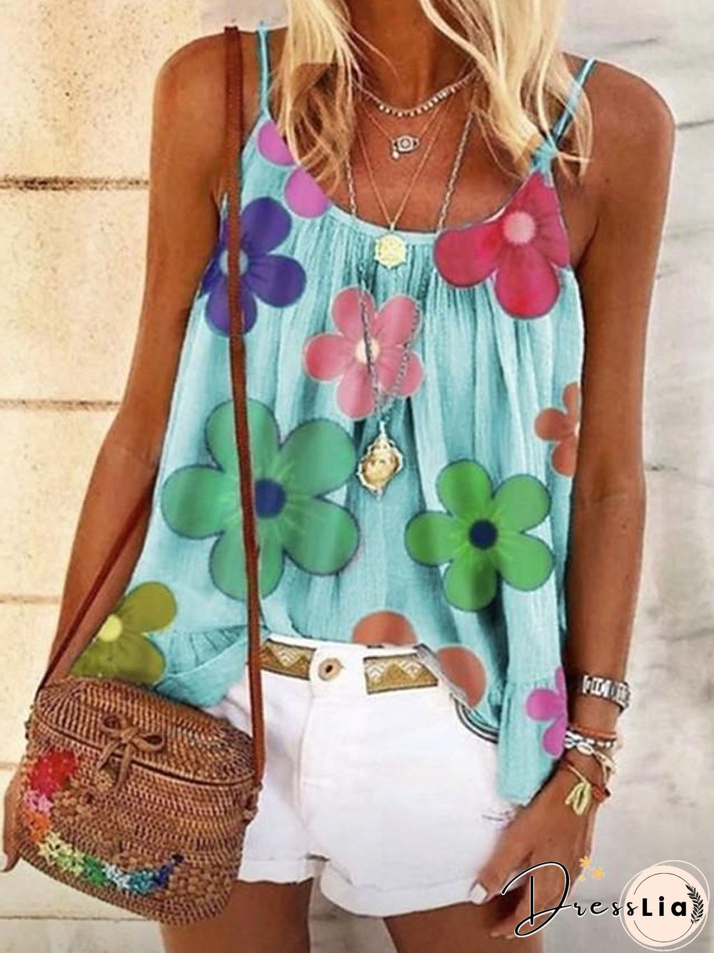 Women's Blouse Shirt Floral Flower Print Strap Tops Basic Top White Black Blue-802