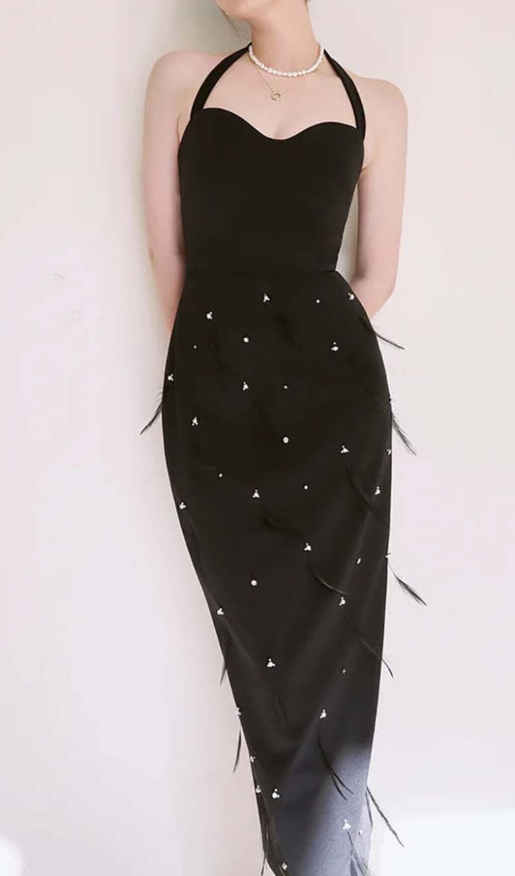 Feather Rhinestones Bodycon Midi Dress In Black Miss Lee Label