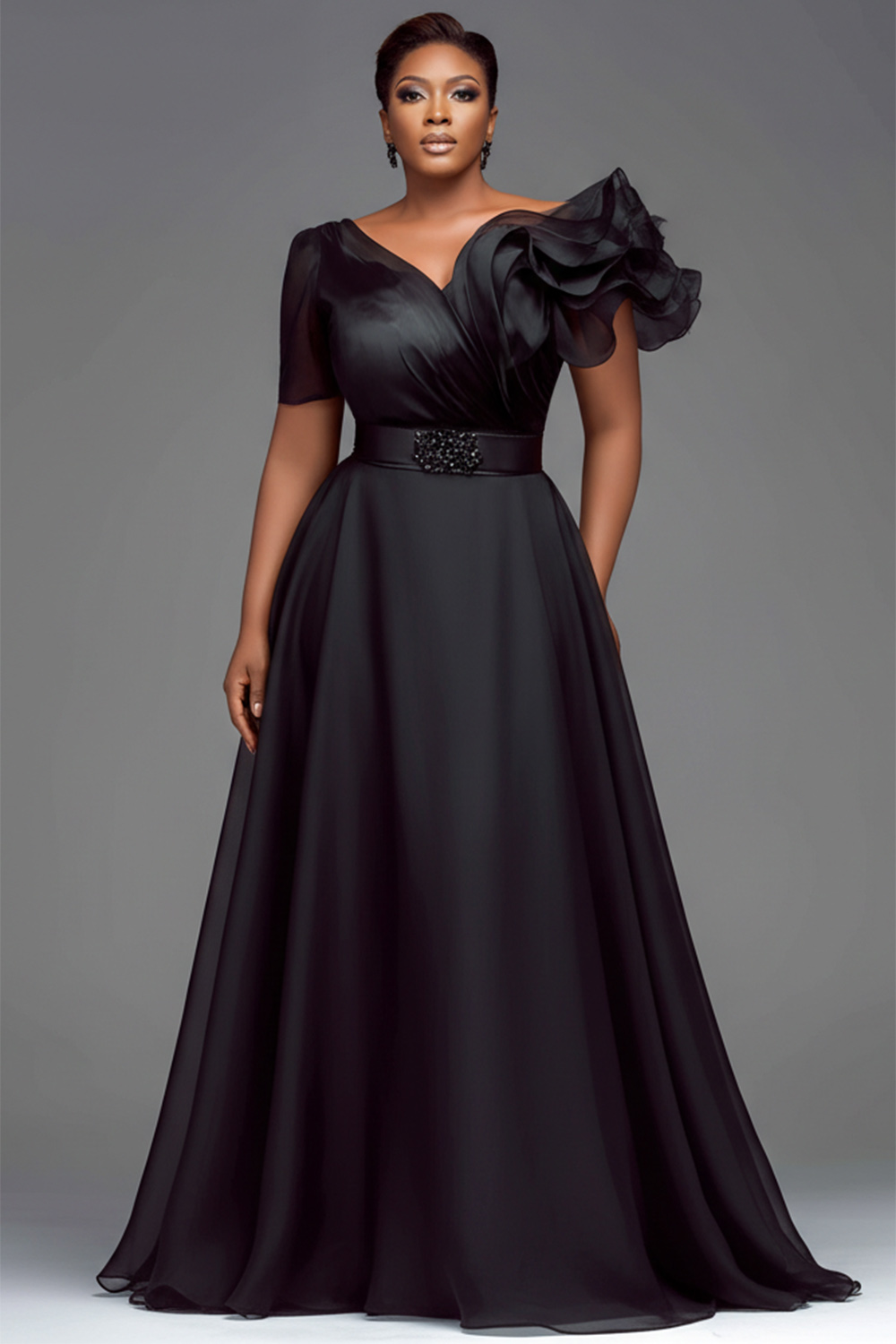 Xpluswear Design Plus Size Formal Organza Black V Neck Short Sleeve Ruffle Chiffon Maxi Dresses 2024 - Xpluswear
