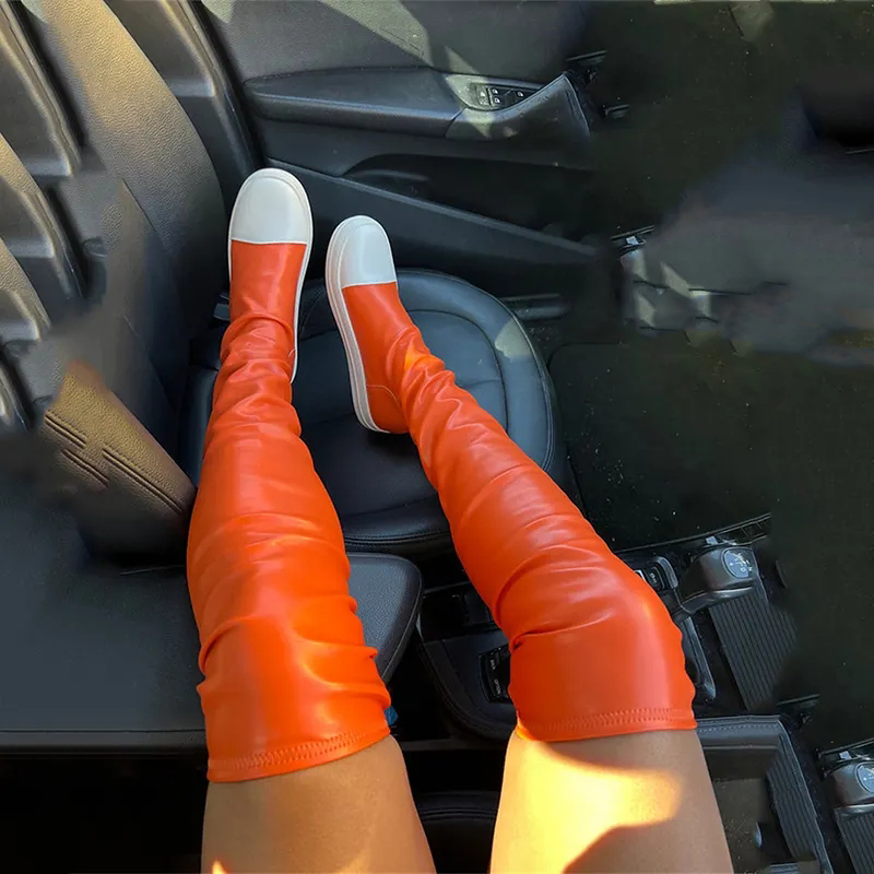 TAAFO Colors Green Orange Four Seasons Thigh High Boots Flat Over The Knee Long Boots Women Causal Shoes