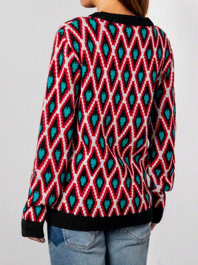 Red Checkered/plaid Knitted Vintage Cotton-Blend Sweater