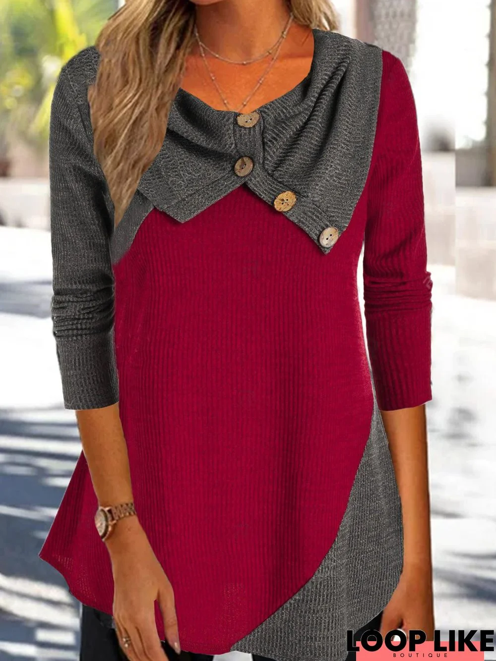 Casual Shawl Collar Color Block Top tunic