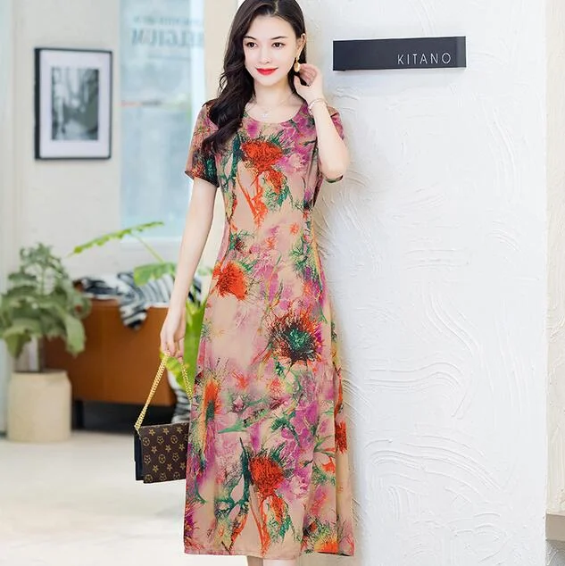 Women Summer Dress Plus Size 5XL Loose Middle-aged Mother Casual Short Sleeve Long Dress O-Neck Floral Print Cotton Dresses