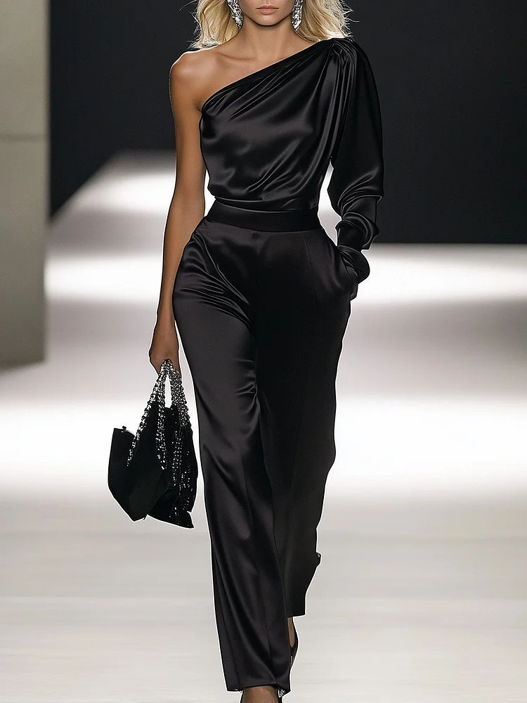 【24-hour shipping out】Elegant Off-the-shoulder Satin Long-sleeved Jumpsuit