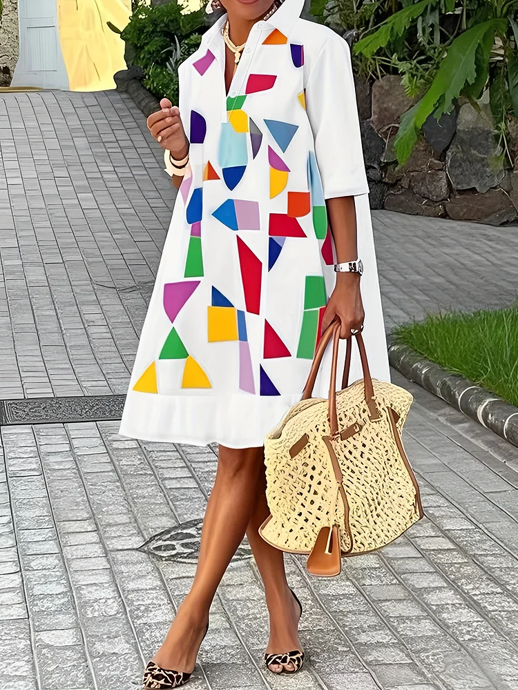 Women's Casual Geometric Print Tunic Dress With Short Sleeves - White, Loose Fit, Button-Up, All-Season Style, Perfect For Adult Fashion, Casual Attire | Geometric Print Dress | Buttonup Dress
