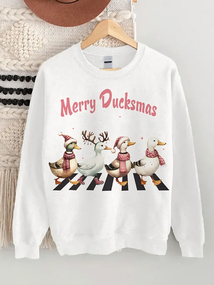 Women's Merry Ducksmas Duck Print Cotton Long Sleeve T-Shirt Thin Sweatshirt