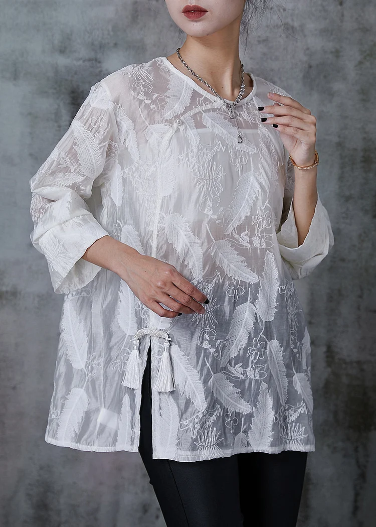 Style White Tasseled Feather Embroidered Silk Shirts Summer