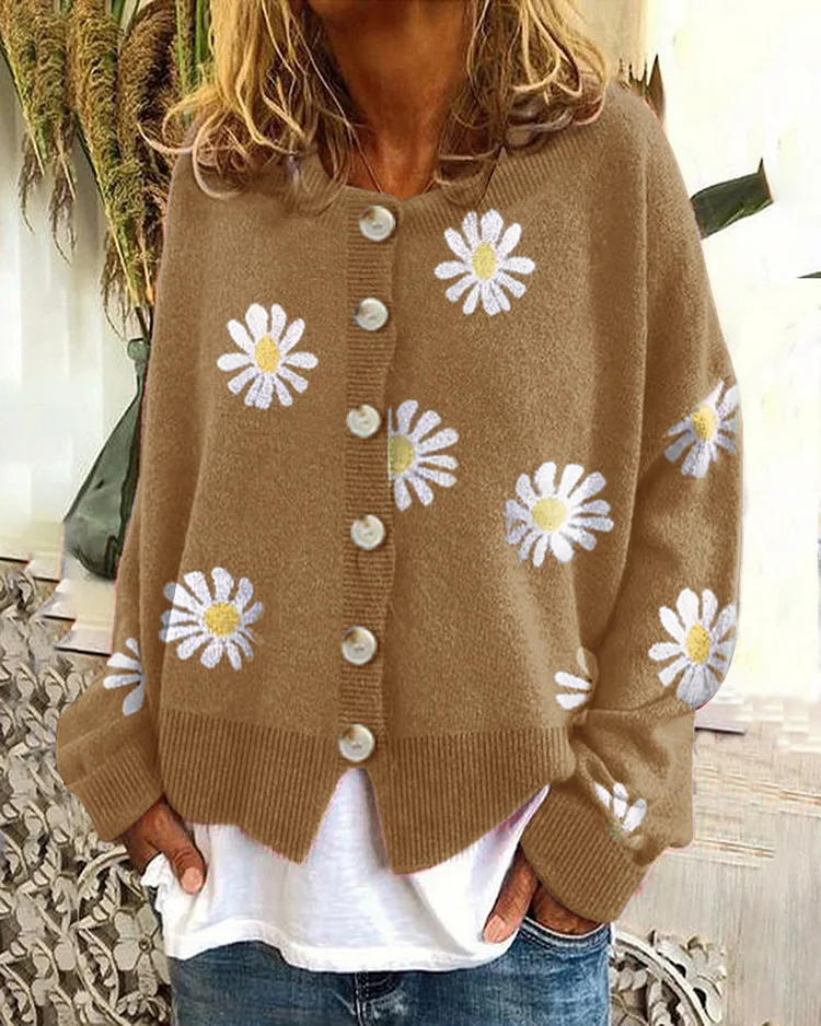 Women's Sweater Floral Pattern Single Breasted Knit Cardigan Sweater