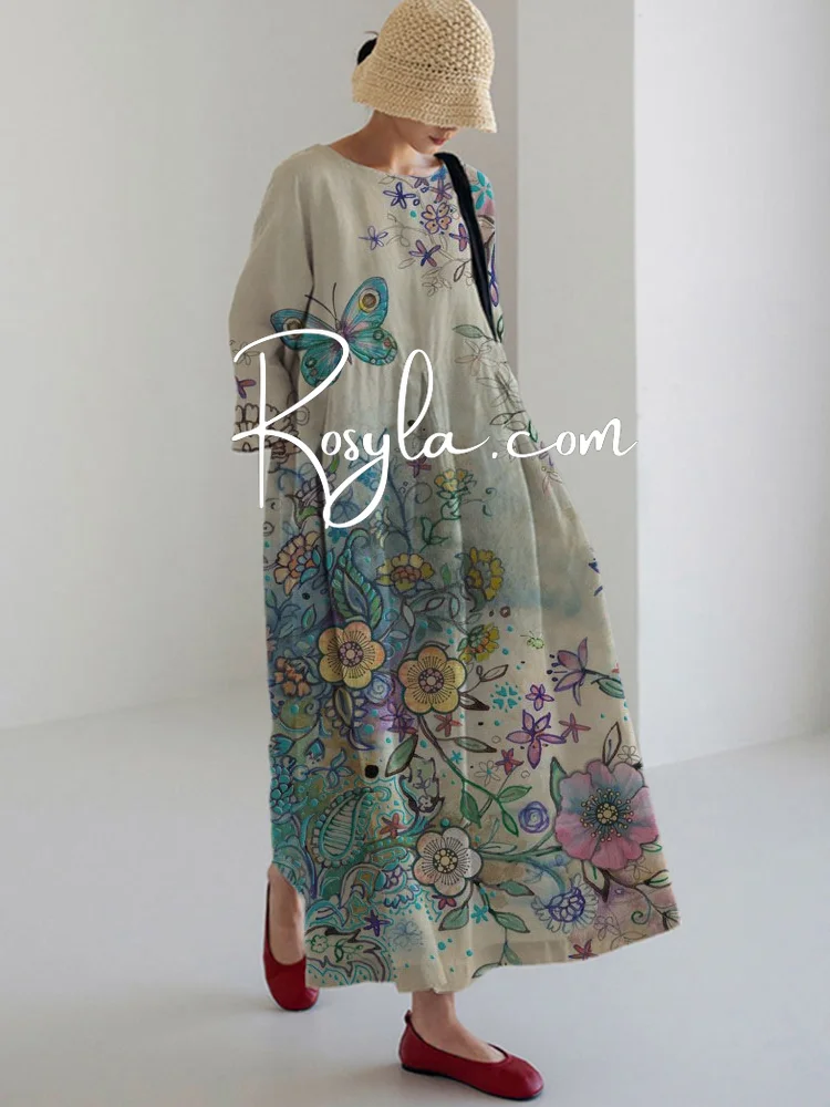 Women's Cute Butterfly Print Long Sleeve Midi Dress