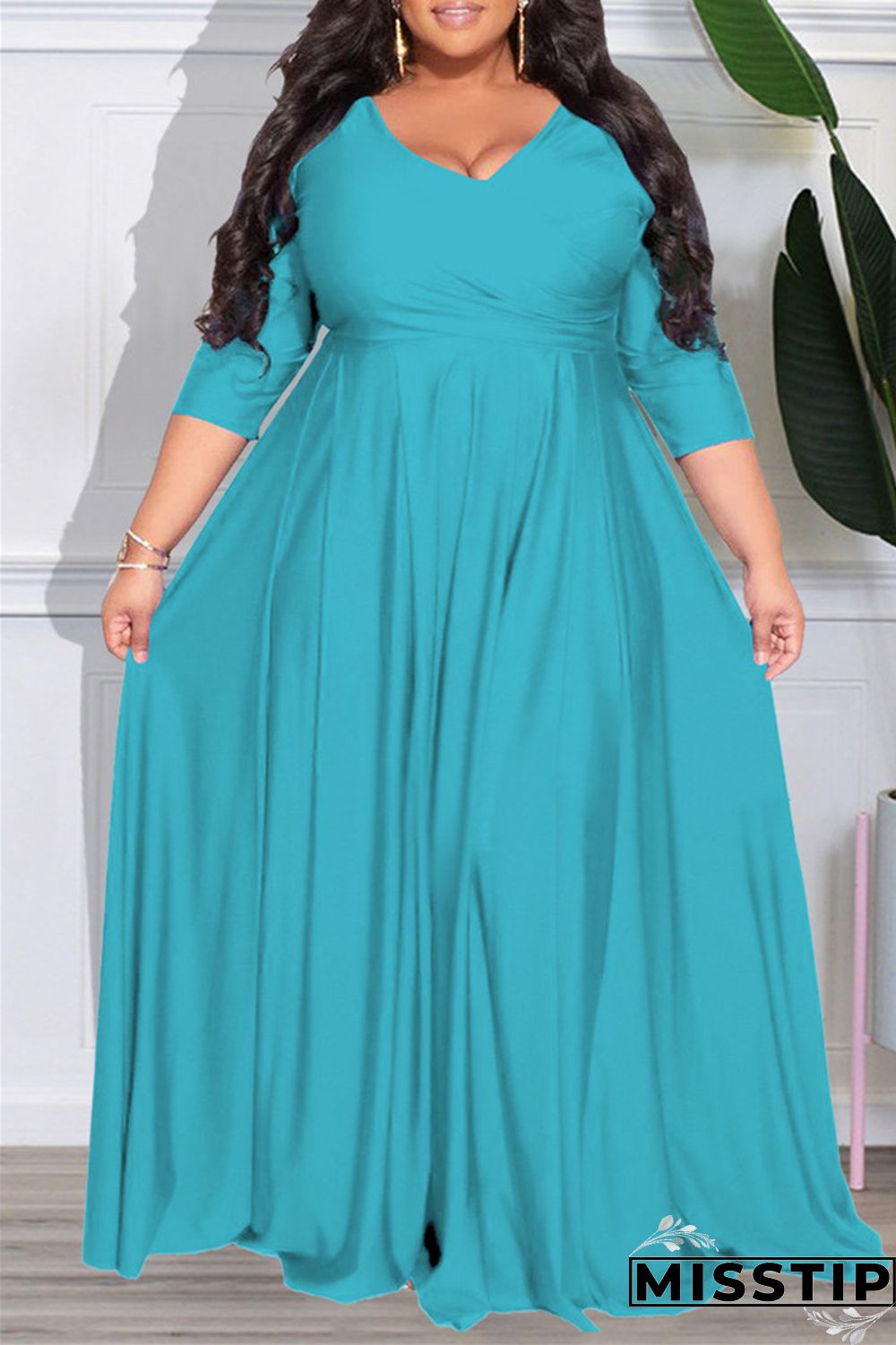 Dark Purple Casual Solid Patchwork V Neck Long Sleeve Plus Size Dresses