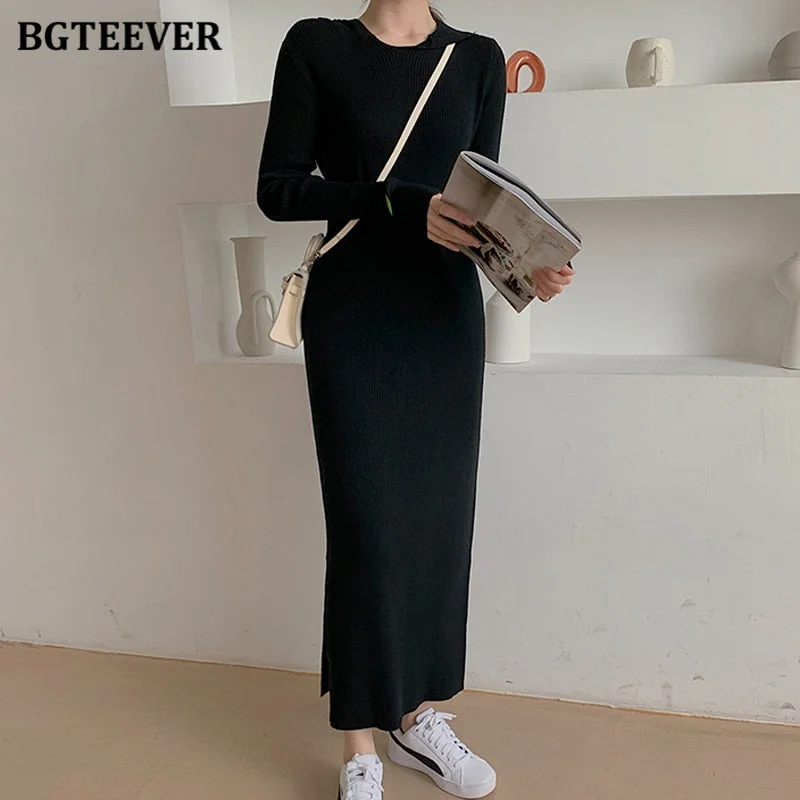 BGTEEVER New Autumn Hooded Side Split Female Knitted Dress Stretched Sweater Women Dress Casual Ladies Pullovers Vestidos 2021