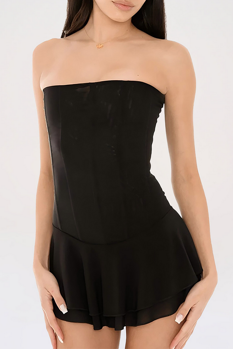 Boat Neck Strapless Corset Design Tiered Hem Plain Mini Dresses-Khaki