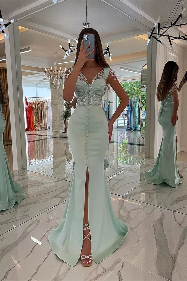 Luluslly Mint Green V-Neck Mermaid Prom Dress Front Split Buttons With Beads Crystals