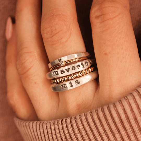 Personalized Stacked Name Ring Set of 5 Stack Rings The Adeline Set with Birthstone Gifts to Her, Girlfriend, Friend, Family