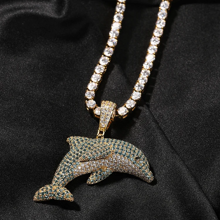 Hip-hop Colored Diamond Solid Dolphin Pendant Necklace-VESSFUL