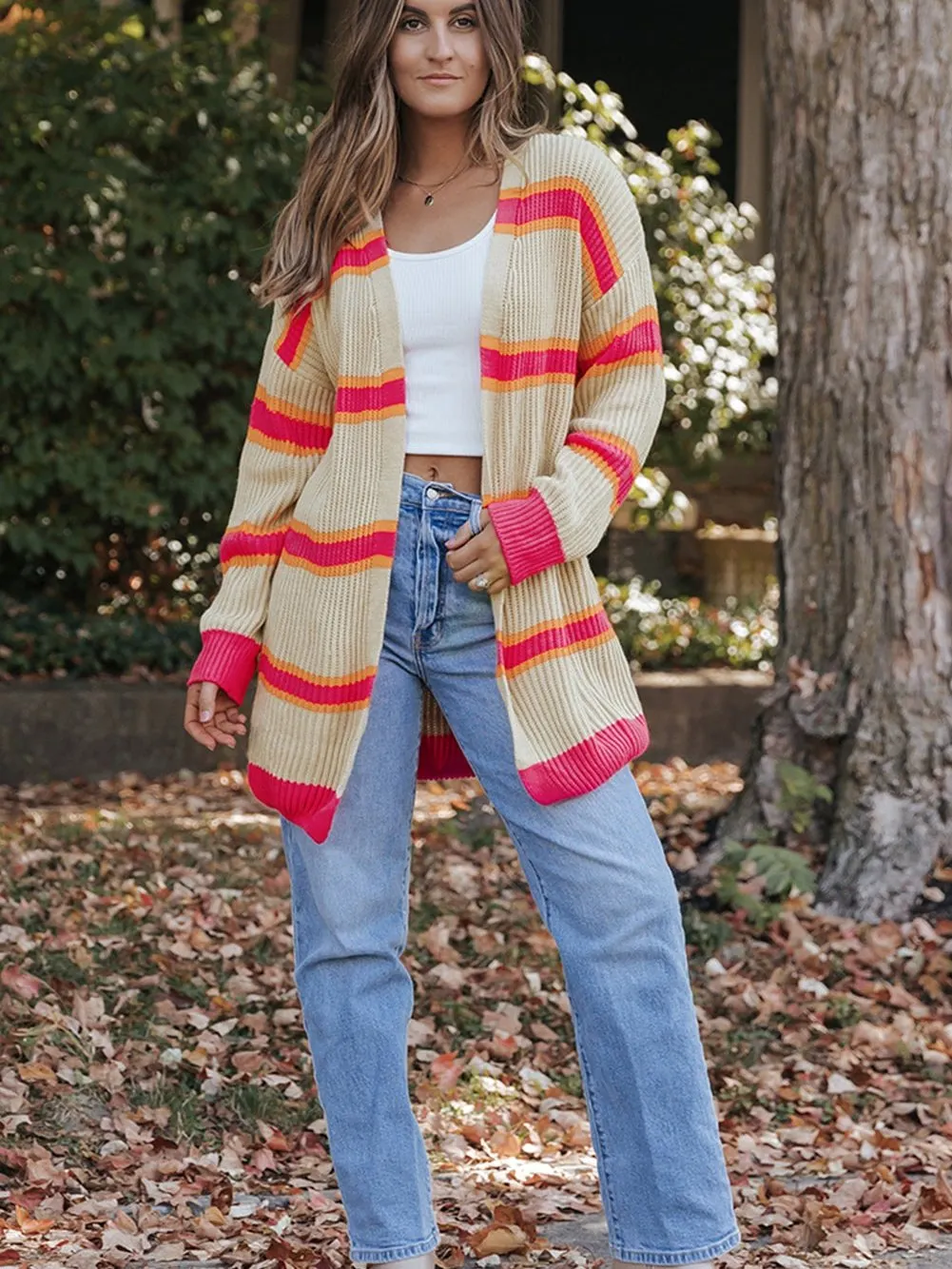 Ribbed Knit Long Cardigan with Striped Print