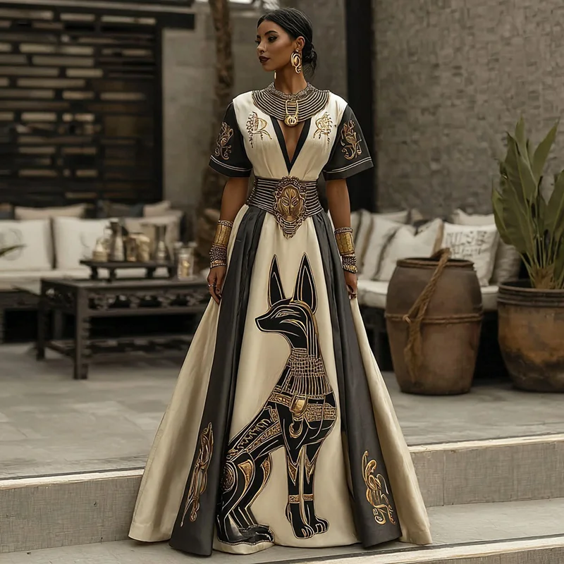 Women's Ancient Egyptian Anubis Art Pattern V-neck Dress
