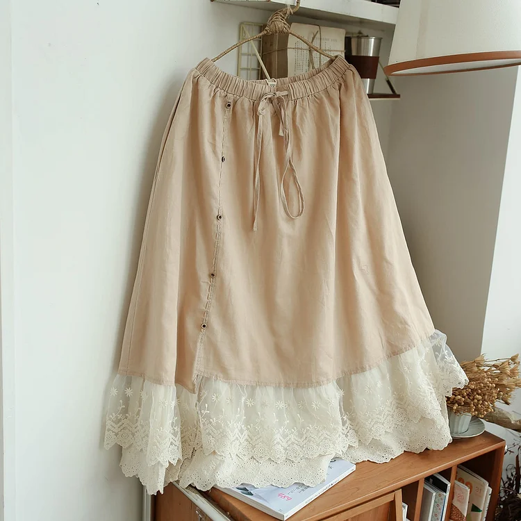 Queenfunky cottagecore style Double-Layered Lace Hem Cotton Linen Skirt QueenFunky