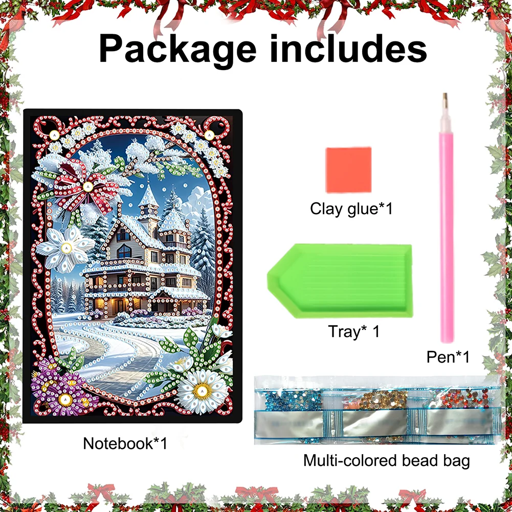 Christmas House A5 Size Diamond Painting Notebook Set with 4Pcs Bookmark Gift
