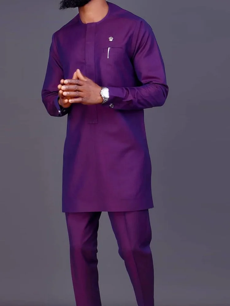 Men's fashion luxury leisure purple long-sleeved two-piece set