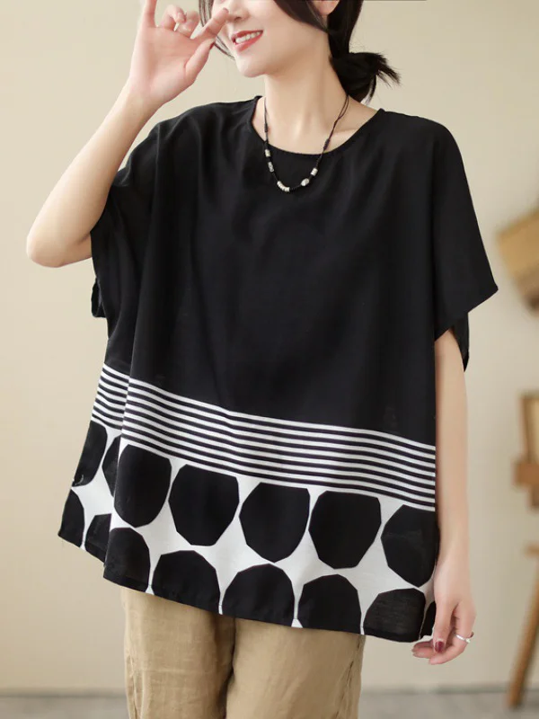 Polka Dot Split-Joint Striped Loose Short Sleeves Round-Neck T-Shirts Tops