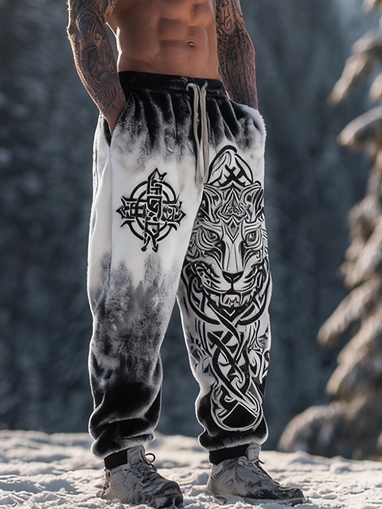 Men's Black And White Check Tiger Head Design Retro Viking Style Flannel Long Pants elevenforest