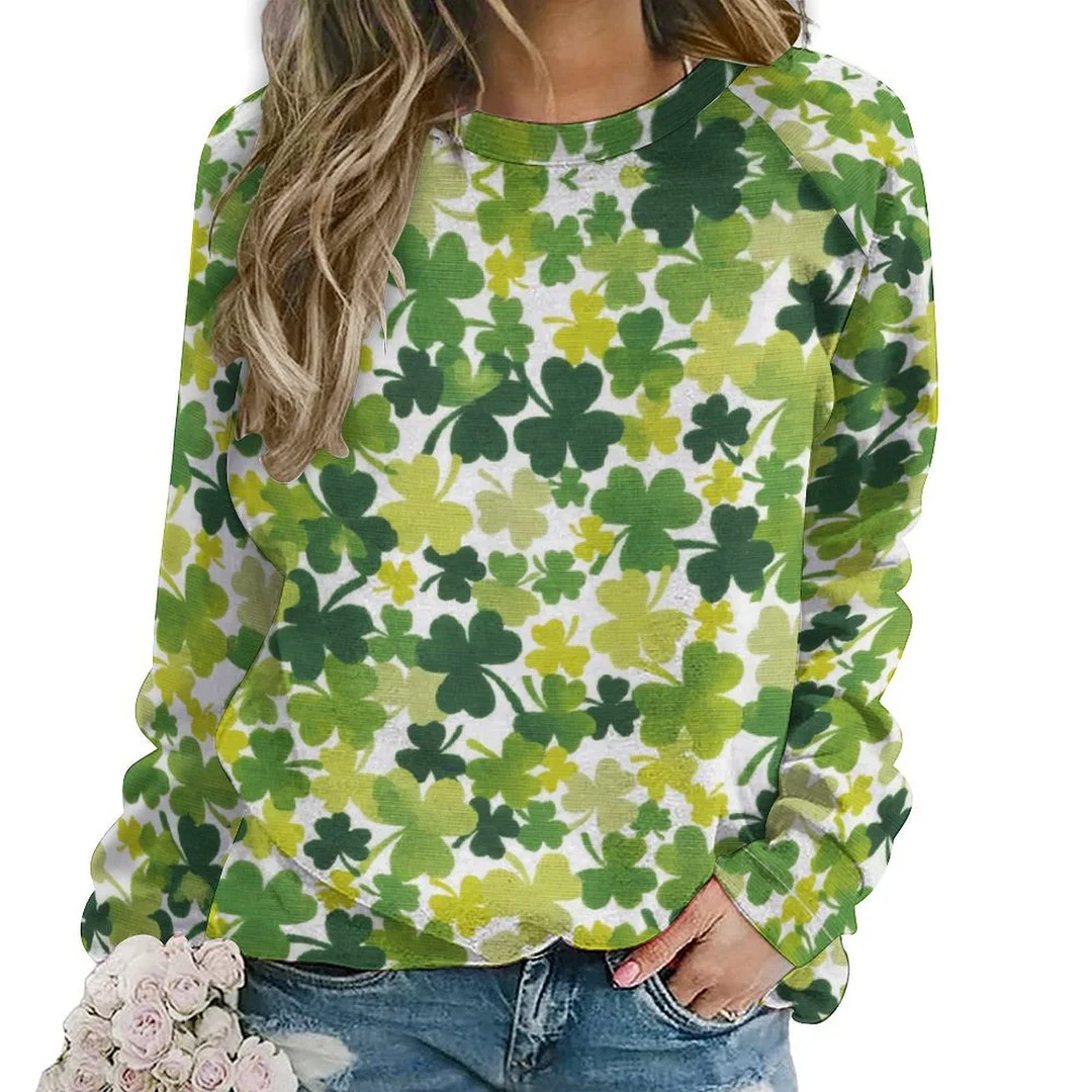 Printed Long Sleeve Casual Sweatshirt for  Women and Men Unisex Pattern St. Patrick's Day, Green, Clover, Lucky
