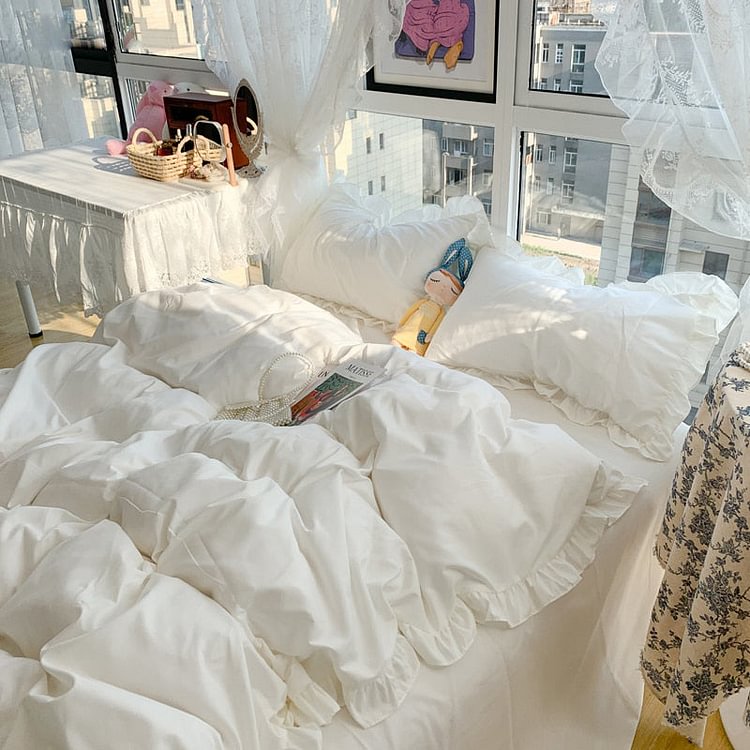 Princess Ruffle Pure White Bedding Sheet Duvet Cover Set - Gotamochi Kawaii Shop, Kawaii Clothes