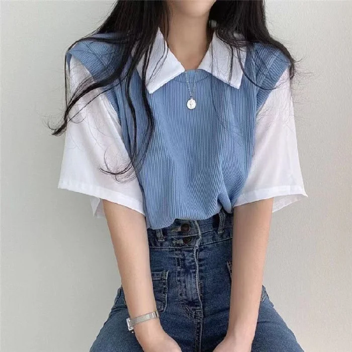 Uveng Uveng Summer Polo Lapel Fake Two College Wind Contrast Color Short-Sleeved T-Shirt Women's Loose Casual Versatile Top Ins