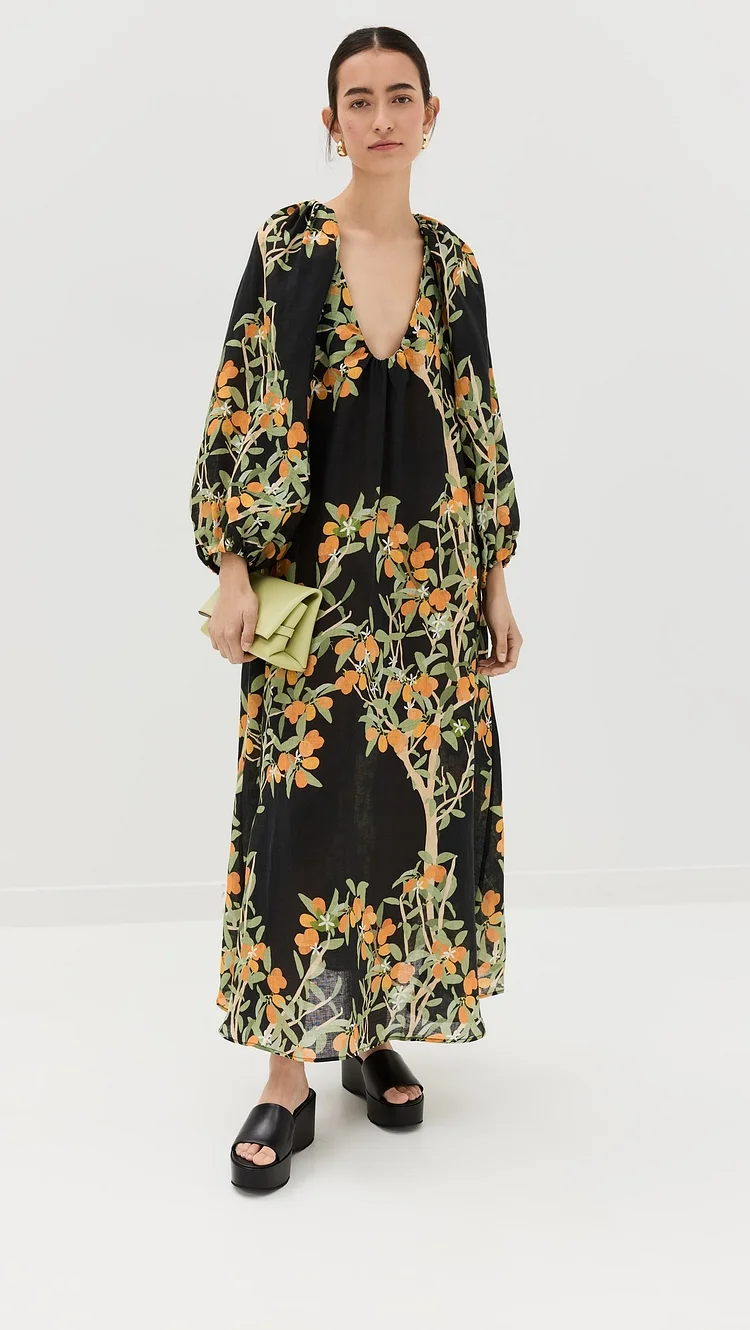 Vintage Floral Printed Long Sleeve Maxi Dress