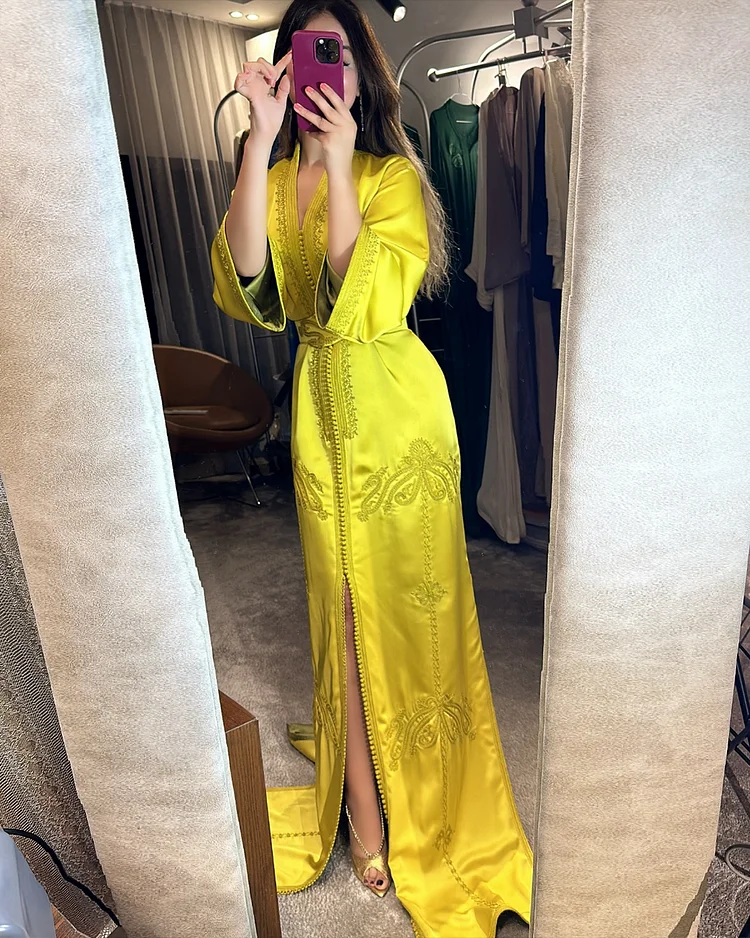 Women's V-neck slit embroidered Moroccan Dress