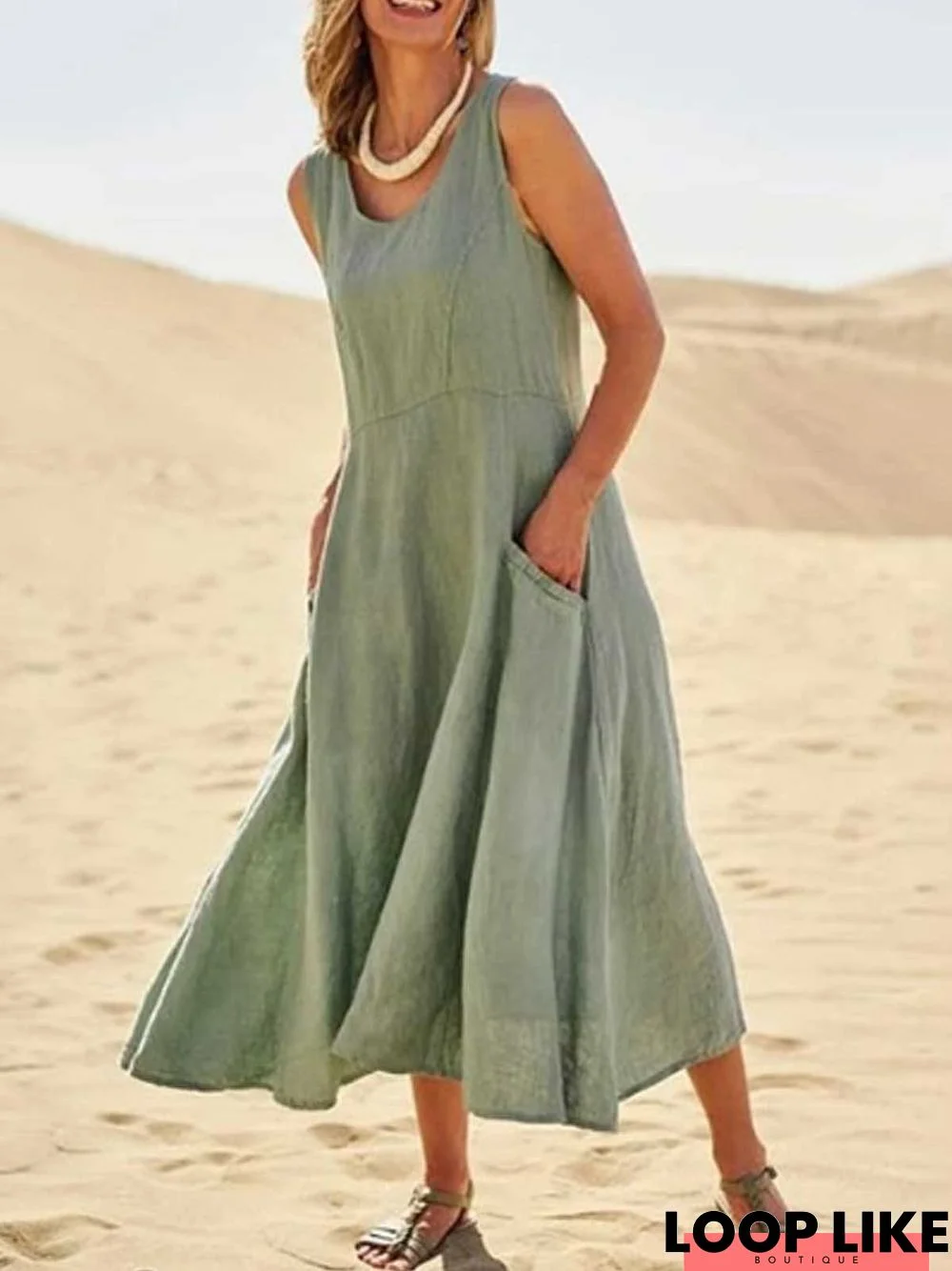 Lightgreen Holiday Round Neck Cotton Solid Weaving Dress