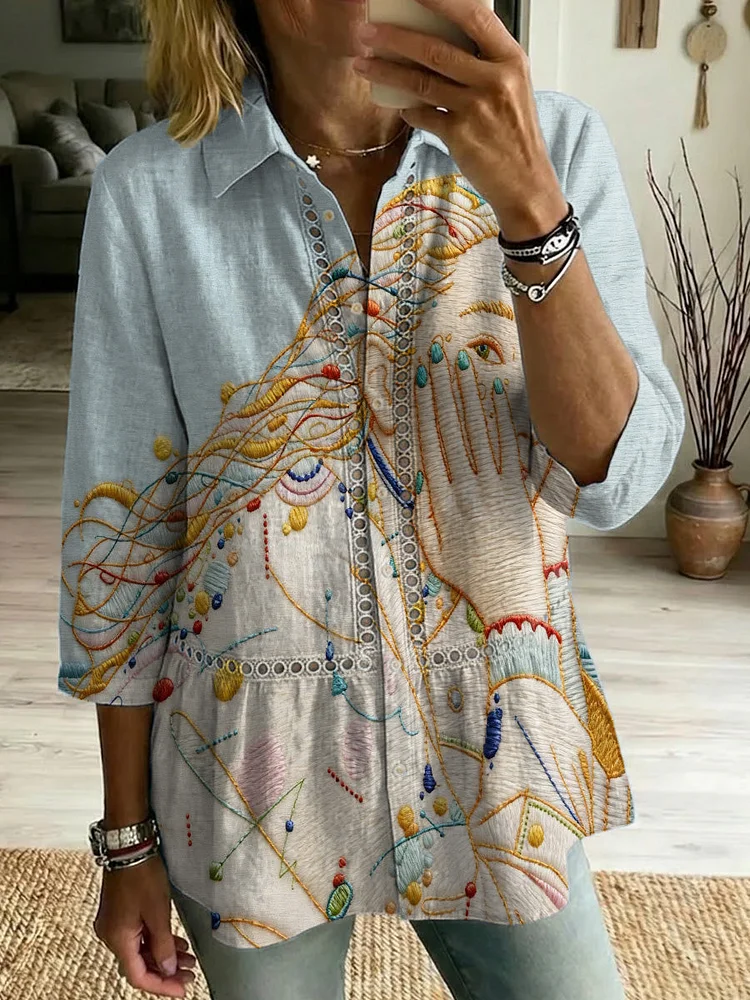 Casual Cotton-linen Shirt With Abstract Art Pattern, Patchwork, Cutouts, And Webbing Trim