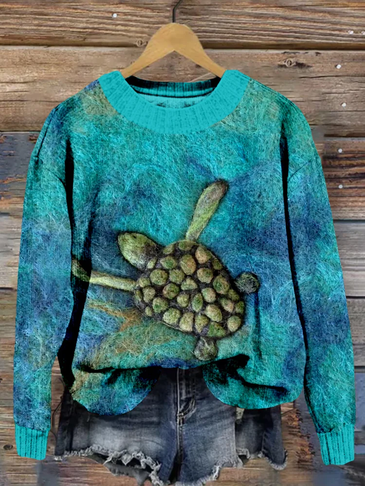 Comstylish Ocean Turtle Felt Art Crew Neck Cozy Sweater
