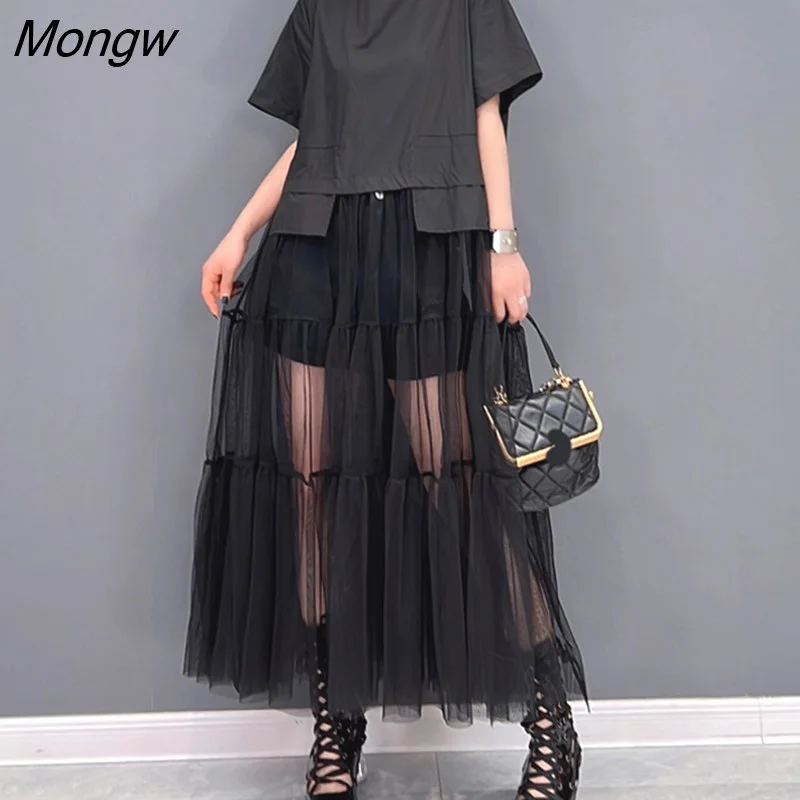 Mongw Solid Color Dress A-line Women 2023 Summer New Fashion Tide Loose O-neck Short Sleeve Casual Black Dresses 5SD215