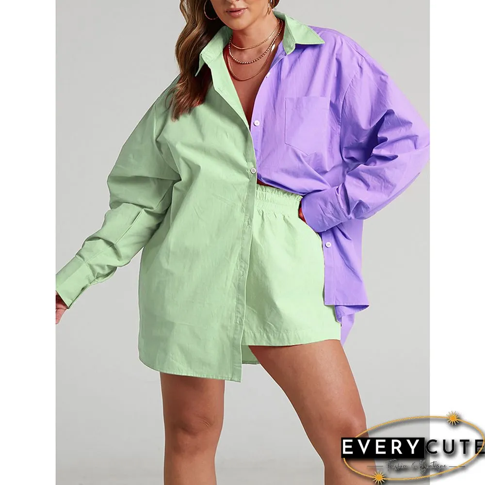 Purple Contrast Button Pocket Shirt and Short Lounge Set