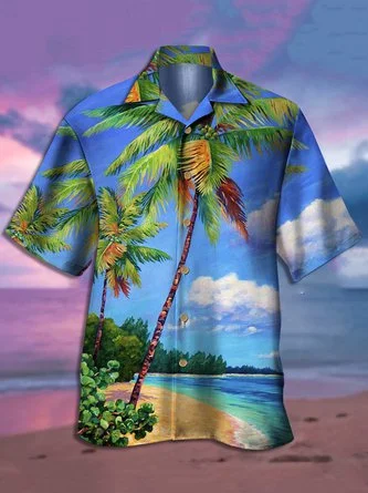 Beach Landscape Print Casual Breathable Short Sleeve Aloha Shirt