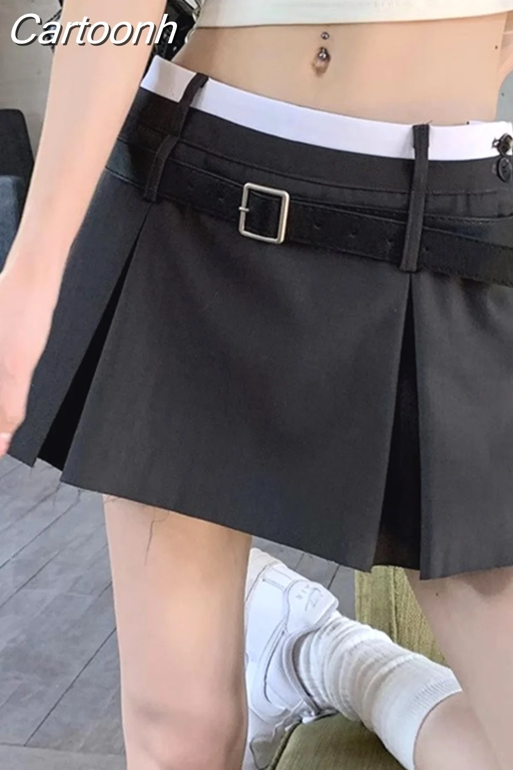 Cartoonh Belt Pleated Mini Skirt Women Korean Style Preppy Summer Patchwork High Waist Casual A-line Skirt Shorts Streetwear