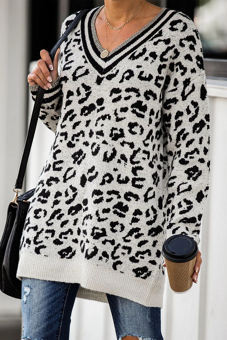 Leopard Print V-Neck Casual Sweater