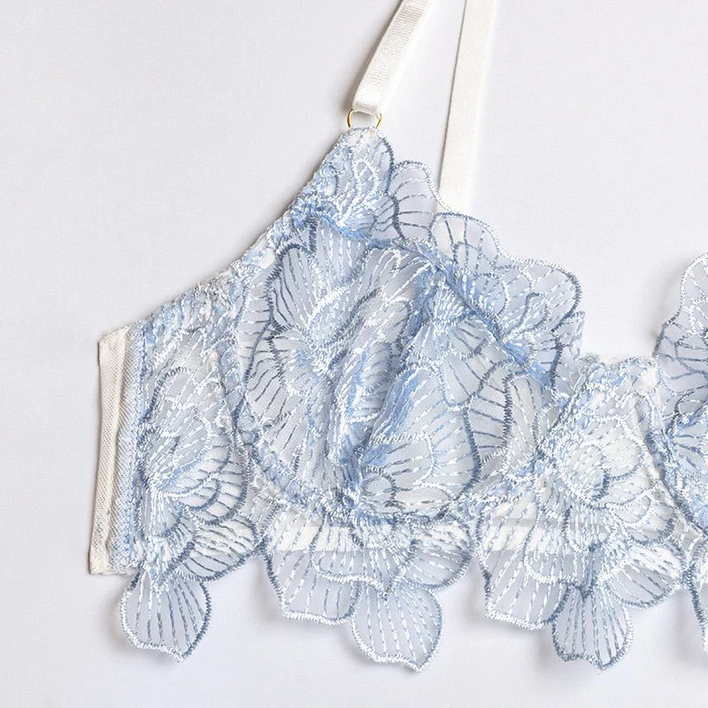 Ellolace Lace Sexy Underwear Erotic Lingerie Embroidery Transparent Bra and G-Strings Thongs Garters Brief Sets Lingerie Set