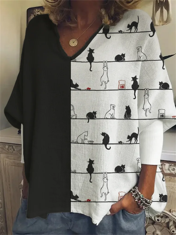 Black Cats Striped Contrast Color Oversize Tunic
