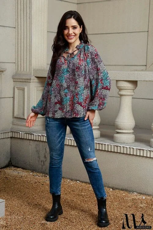 Tie Neck Heathered Balloon Sleeve Blouse