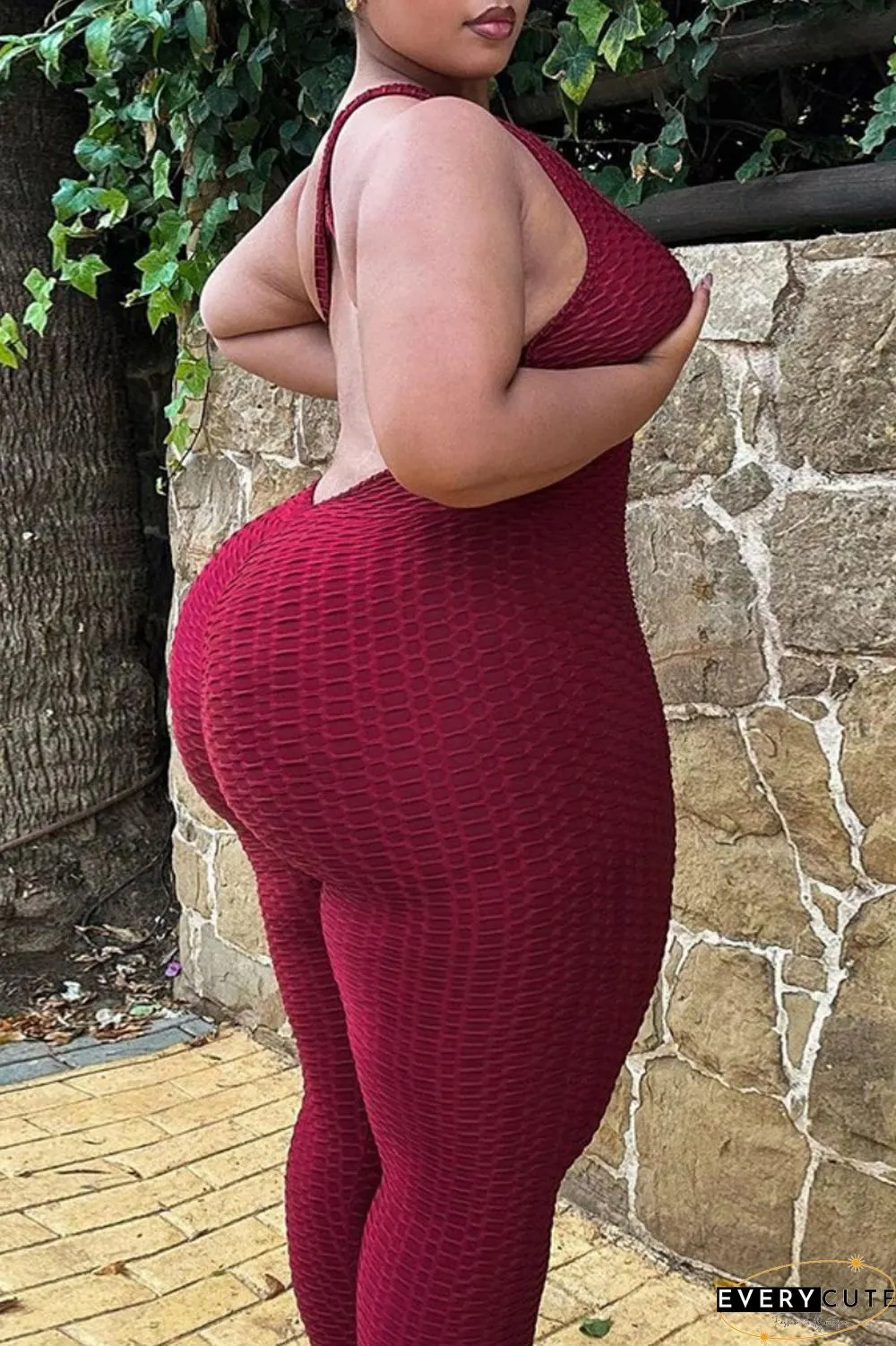 Pink Sexy Casual Solid Backless V Neck Plus Size Jumpsuits