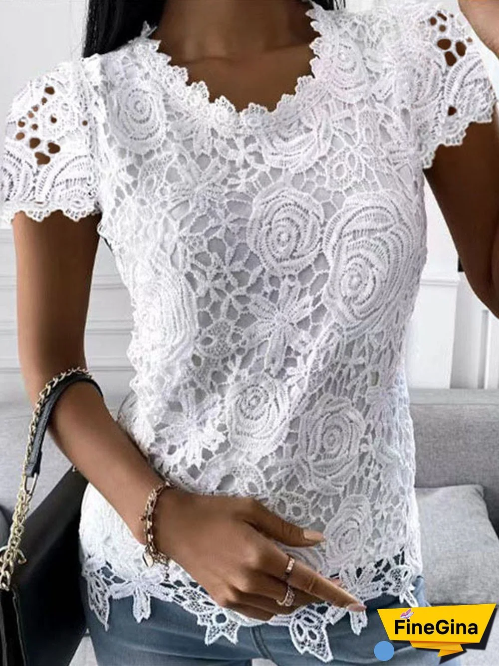 Women's Short Sleeve Round Neck Lace Casual Top
