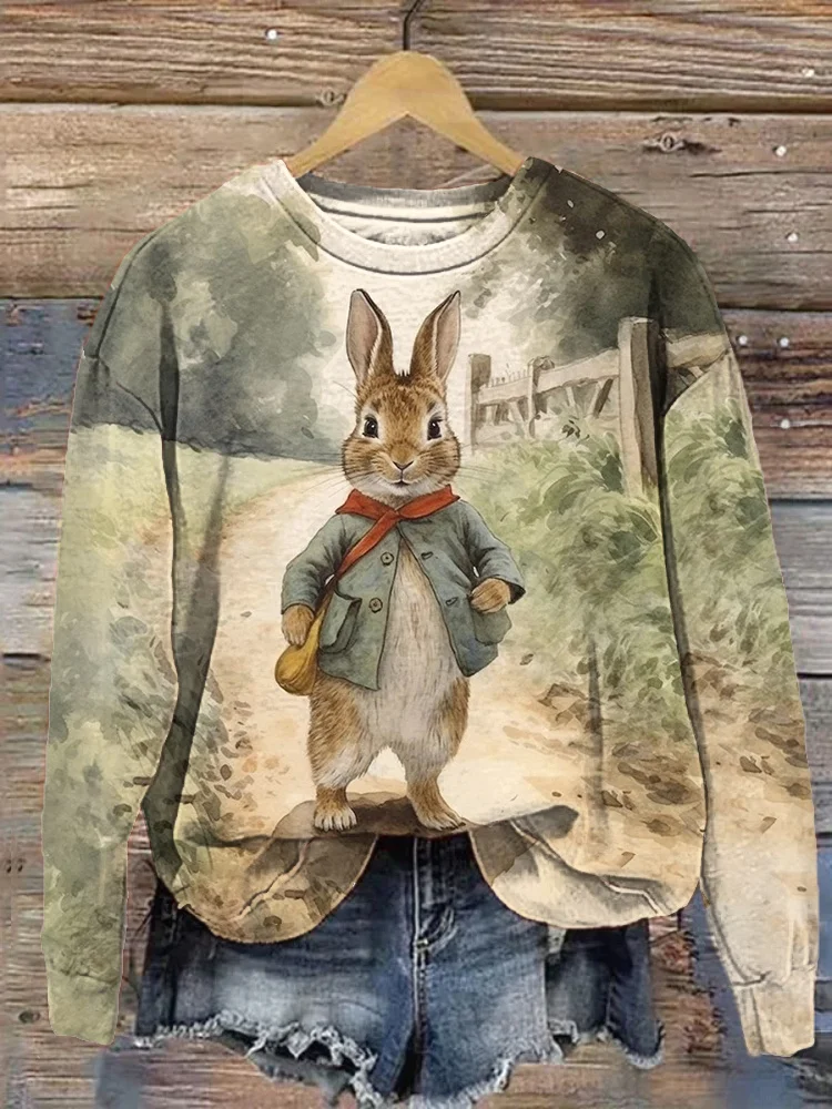 VChics Bunny Art Painting Print Casual Cozy Sweatshirt