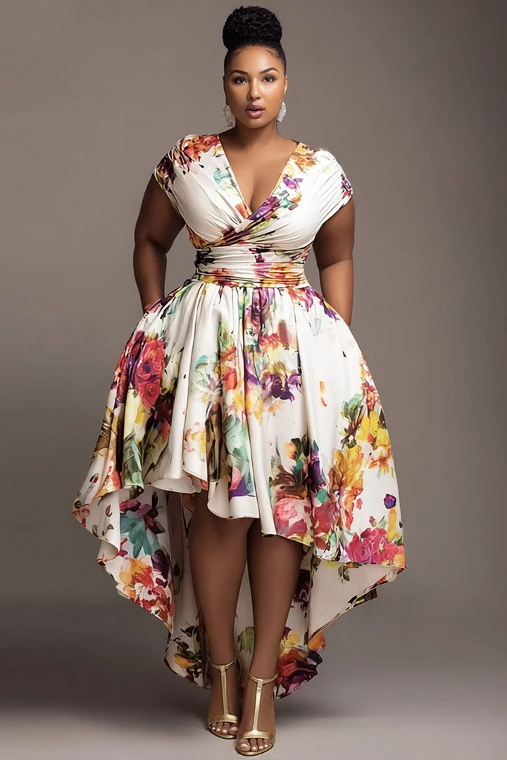 Xpluswear Design Plus Size Wedding Guest White Floral Wrap Neck High Low Hem Pocket Midi Dresses 2024 - Xpluswear